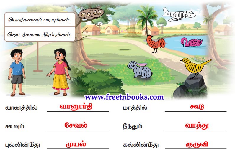 3rd Standard Tamil Lesson - poongaavil oru naal - peyarkalaip padiyungal thodarkalai nirappungal