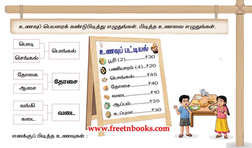 3rd Standard Tamil Lesson - poongaavil oru naal - unavup peyaraik kandupidiththu ezhuthungal pidiththa unavai ezhuthungal